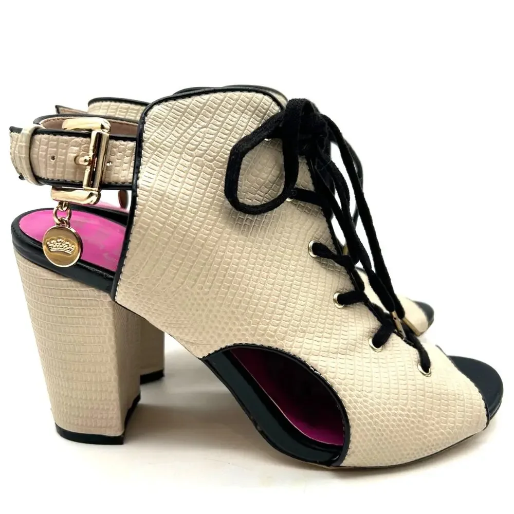 Juicy Couture Y2K Lace-Up Peep Toe Lizard Embossed Block Heel Booties Size 7